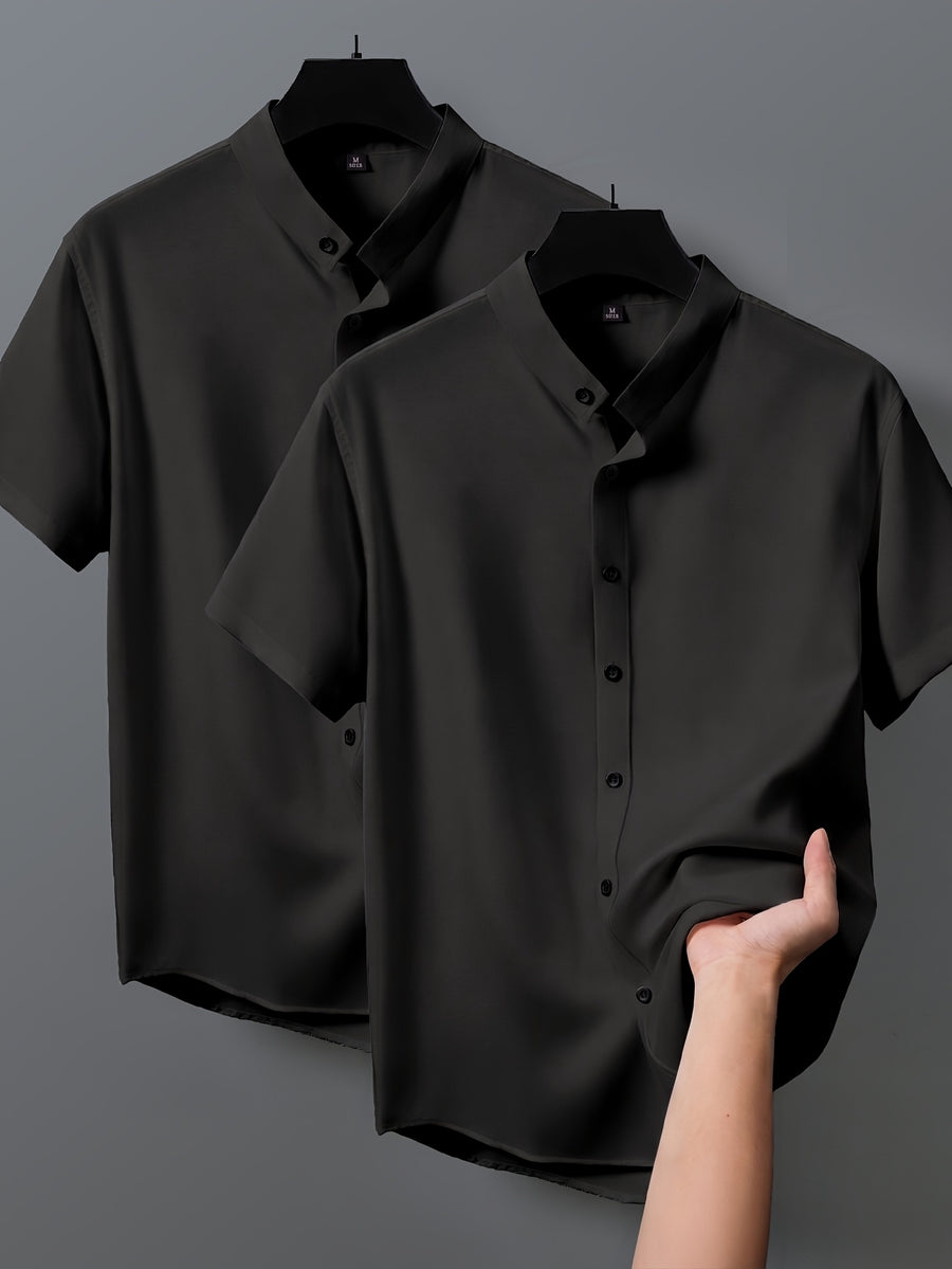 2pcs Men's Short-Sleeve Shirts, Henley/Stand-Up Collar Design, Summer Casual Outerwear - Black