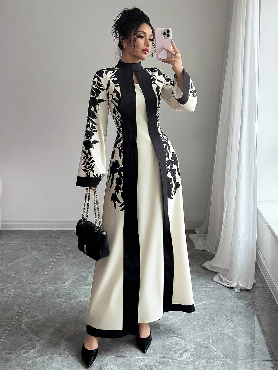 Fashionable Elegant Faux Two-Piece Fall/Winter New Floral Print Long Sleeve Maxi Dress - Apricot