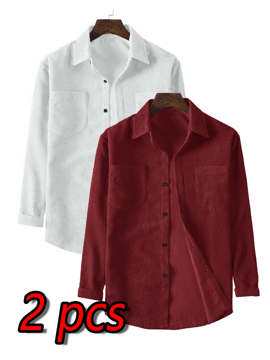 A Two-Piece Set for Men Featuring a Corduroy Button-Up Cardigan with Two Chest Pockets, a Stylish Solid Color Striped Shirt, And Men'S Apparel - White and red two-piece set