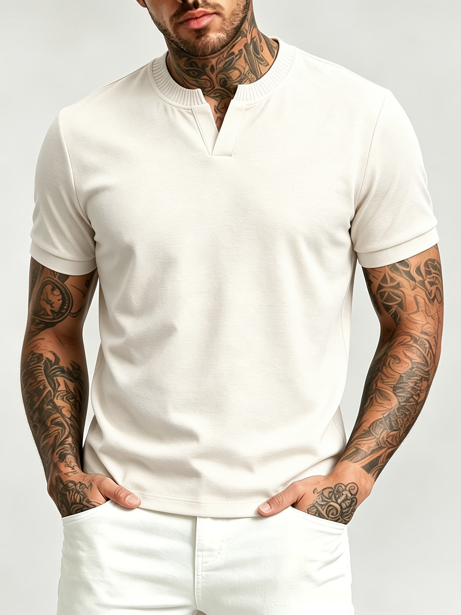 [Pearson OBM] Summer Cool Short Open V-Neck Men'S Henley Shirt, Stretchy Comfortable Solid Base Layer, Breathable And Flat Fit, Practical Men'S Birthday Gift Holiday Item, All-Scene Wear for Fitness, Hiking, Home, And Vacation - Light Beige
