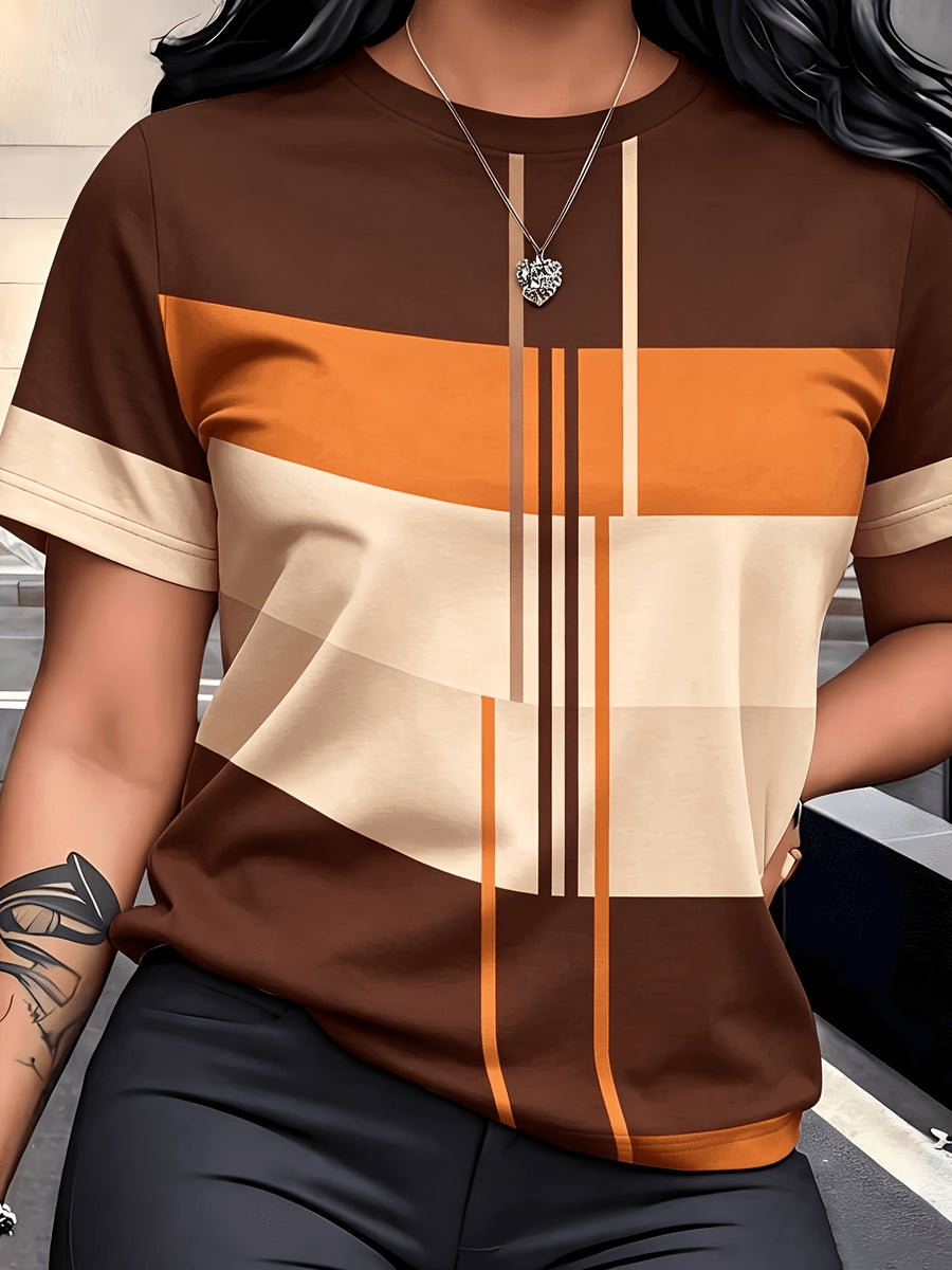 Women'S Summer Fashion Round Neck T-Shirt with Textured Geometric Short Sleeves, Color Block, Line Pattern, Vintage Style Casual Top - Mix 11