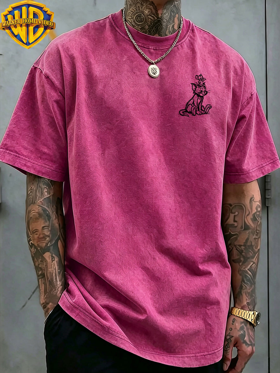 Warner Bros. Officially Authorizes Sketch Style Sitting up Print Retro Washed Distressed Short Sleeved T-shirt for Both Men and Women, Machine Washable Daily Commuting Outdoor Sports and Leisure Top - Rose Red