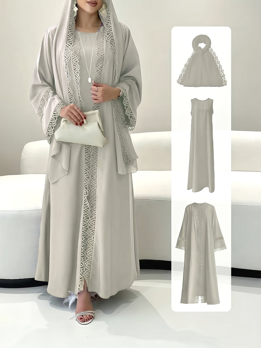 [Size UP for Regular Fit] Women's Spring/Summer Elegant Lace Patchwork Robe Dress 2pcs Set, Women's Elegant Outfit - Light Grey