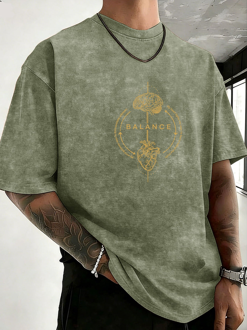 Men's 100% Cotton Washed Distressed Crew Neck Short-Sleeve T-Shirt, Balance Brain Heart Graphic Double-Sided Print, Trendy Loose Casual Tee Tops, 12 Colors Available - Military Green