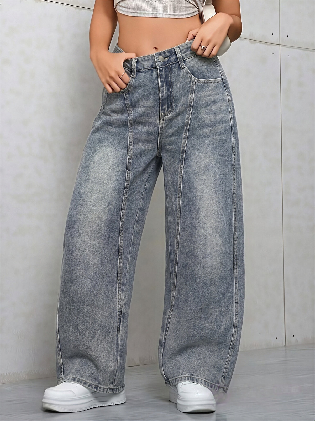 Women's Vintage Blue Loose-Fit Jeans, High-Waist Curved Stitch Wide-Leg Scalloped Hem Pants, Casual Streetwear Everyday Trousers - 611 Blue-Gray - Bright Steel Blue