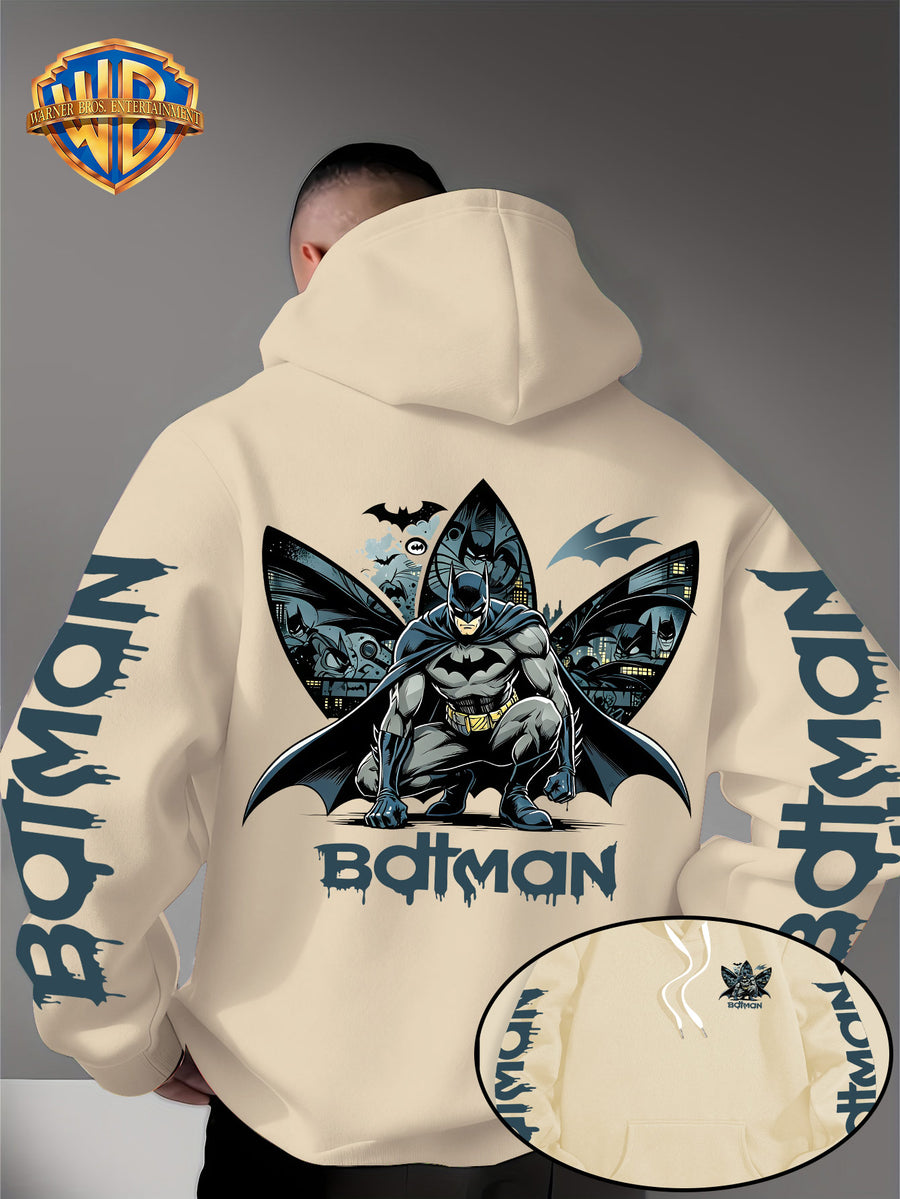 Warner Bros. Official 1pc Men's Hooded Long-Sleeve Sweatshirt - Batman Gotham Night Scene Multi-Panel Print + BATMAN Drip Graffiti Letter Creative Graphic Print, Letter Print on Both Sleeves, Cool DC Superhero IP Graphic Hoodie, Skin-Friendly - Apricot