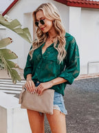 Elegant Women's Blouse, Long-sleeve Jacquard Top, 100% Polyester Solid Color, Button Details, Fabric, Suitable for Spring, Summer, and Autumn - Dark Green