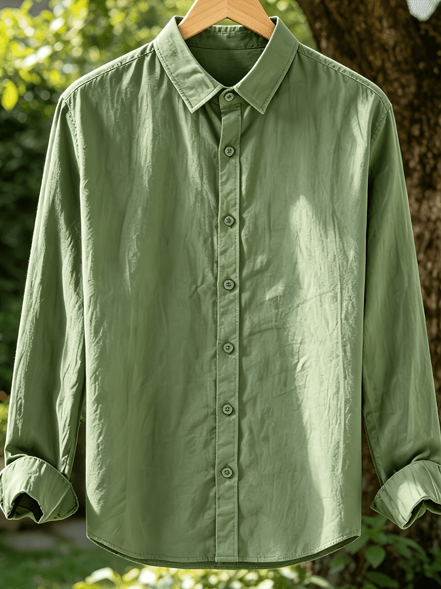 Single Piece Men'S Solid Color Long-Sleeve Shirt, Loose And Soft Button-Up Cardigan Design, Comfortable And Skin-Friendly, Available in Multiple Colors, Versatile for Daily Wear And Outdoor Adventures - Tactical Green