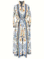 Middle Eastern Fashion Women'S Clothing Eid Abaya Ramadan 2025 Luxury Formal Robe Women Elegant Casual with Belt Open Abaya Pleated Print Long Sleeve Coat Female Clothes Evening Party Prom Ball Gowns - Sky Blue
