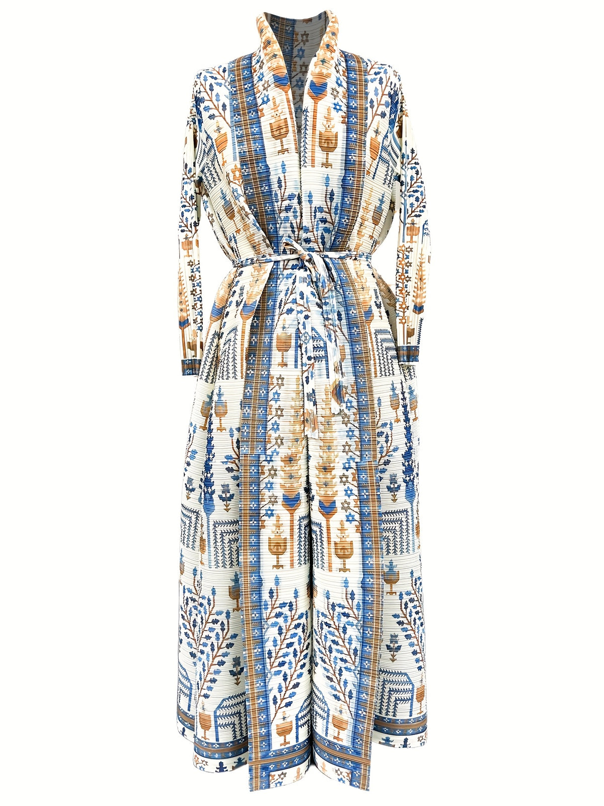 Middle Eastern Fashion Women'S Clothing Eid Abaya Ramadan 2025 Luxury Formal Robe Women Elegant Casual with Belt Open Abaya Pleated Print Long Sleeve Coat Female Clothes Evening Party Prom Ball Gowns - Sky Blue