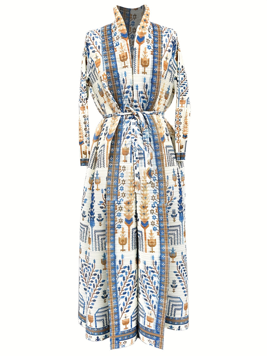Middle Eastern Fashion Women'S Clothing Eid Abaya Ramadan 2025 Luxury Formal Robe Women Elegant Casual with Belt Open Abaya Pleated Print Long Sleeve Coat Female Clothes Evening Party Prom Ball Gowns - Sky Blue