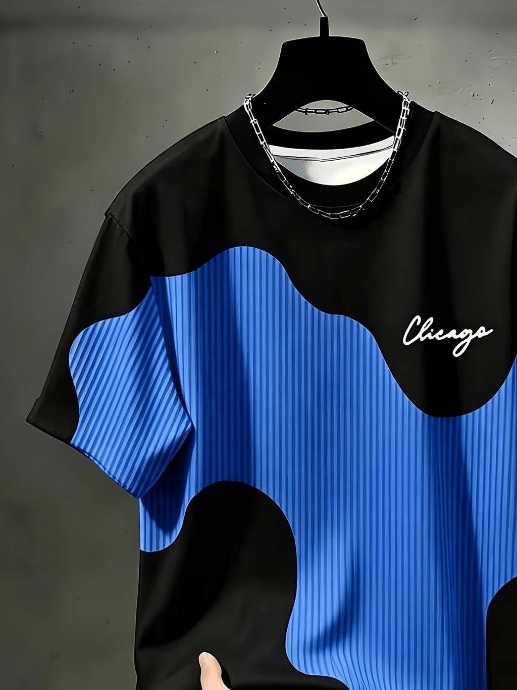 Print Design Textureless Men'S Casual Round Neck T-Shirt, Geometric Pattern Patchwork Striped Design, Chicago Word Pattern, Drapey Fashion Top, All-Season Wear, Breathable Regular Fit for Casual And Formal Outfits - Round Neck Casual Top - Mixed colors