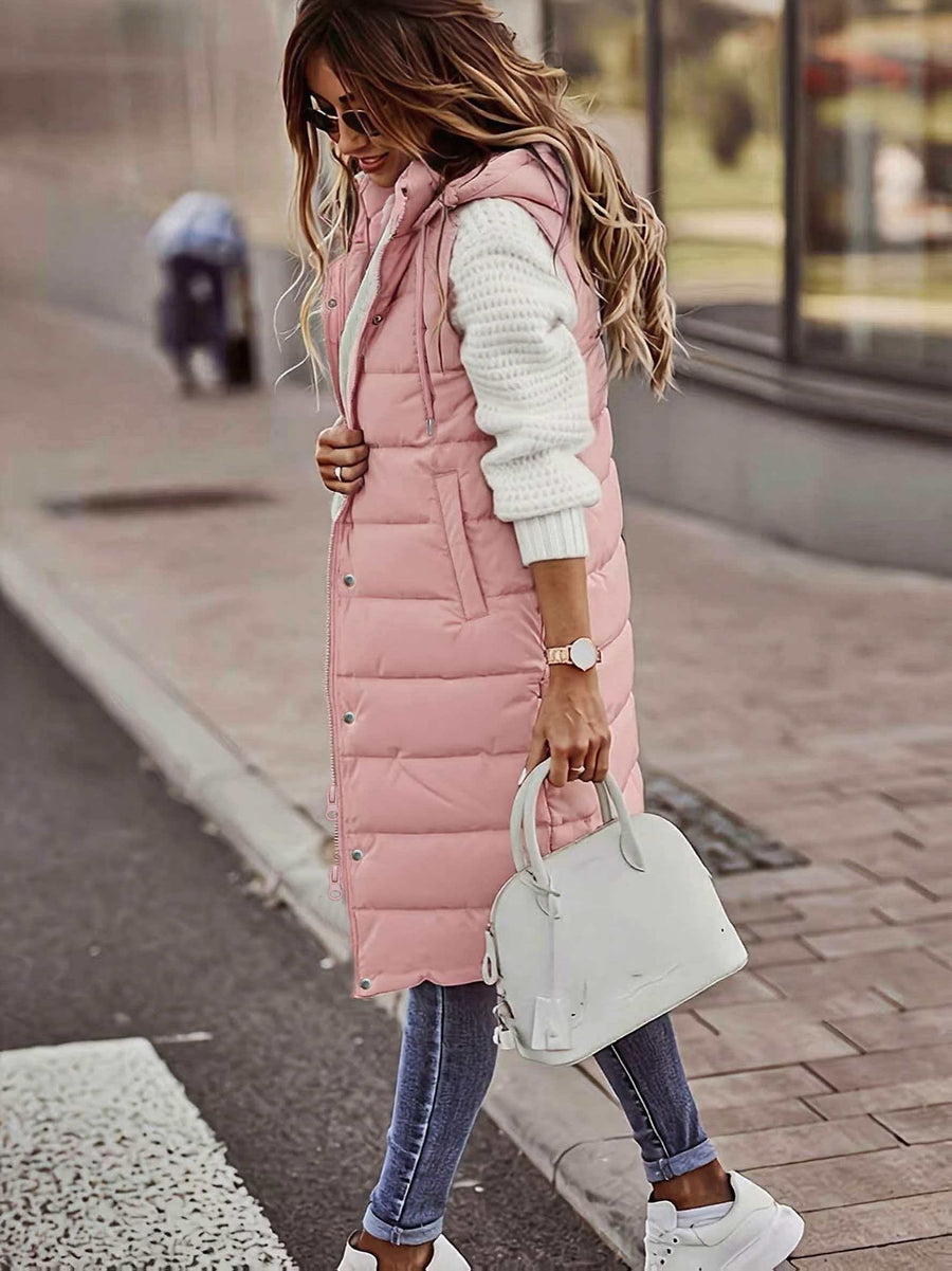 Women'S Stand-Up Collar Hooded Mid-Length Warm Quilted Vest Jacket, Double-Ended Zipper Design, Outer Placket Button Structure, Sleeveless Slim Fit, Lightweight And Comfortable, with Practical Pockets - Pink Color