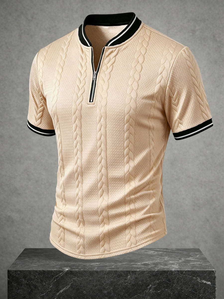 Men's Color-Block Baseball Collar Half-Zip Short-Sleeve T-Shirt, Three-Dimensional Cable Knit Texture Short Sleeve, New Summer Trendy Casual Half-Sleeve Jacquard Polo Shirt, Versatile Men's Top, Baseball Collar + Contrast Ribbed Cuffs for a Simple - Khaki