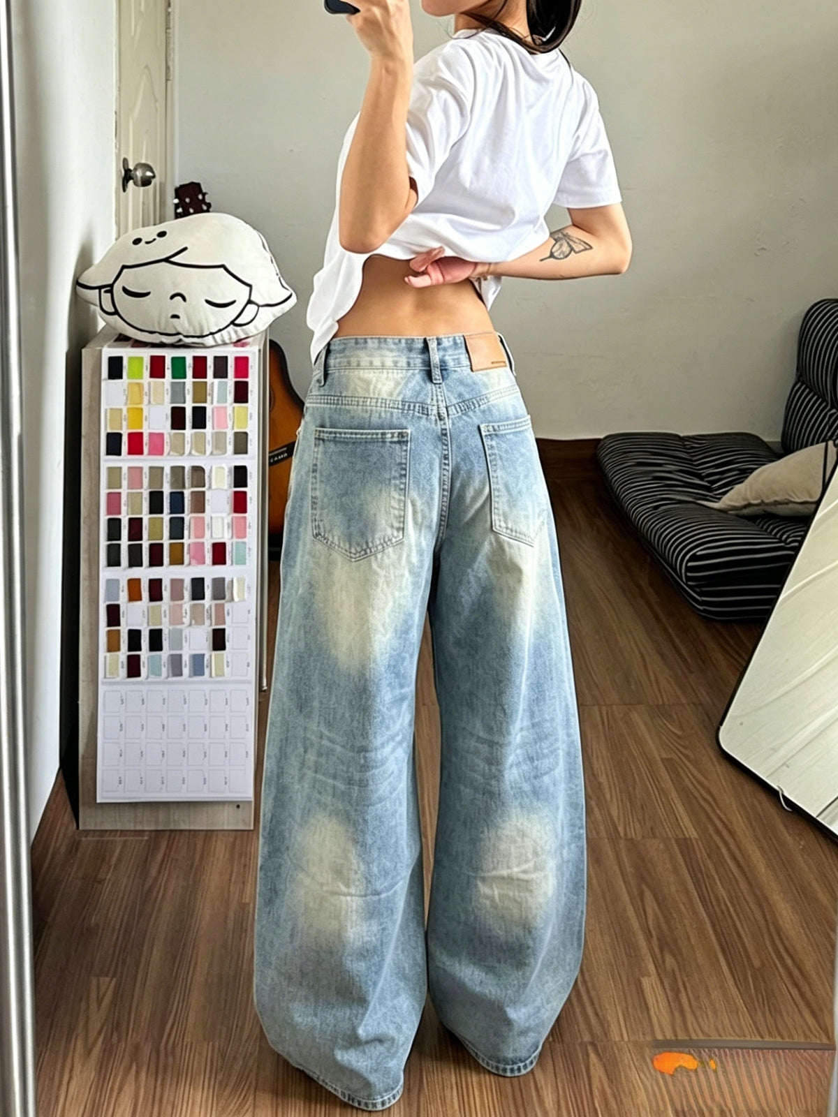New Autumn American Vintage Style Women's Distressed Wide-Leg Jeans, Washed and Distressed High-Waist Loose-Fit Straight-Leg Baggy Floor-Length Pants - Blue