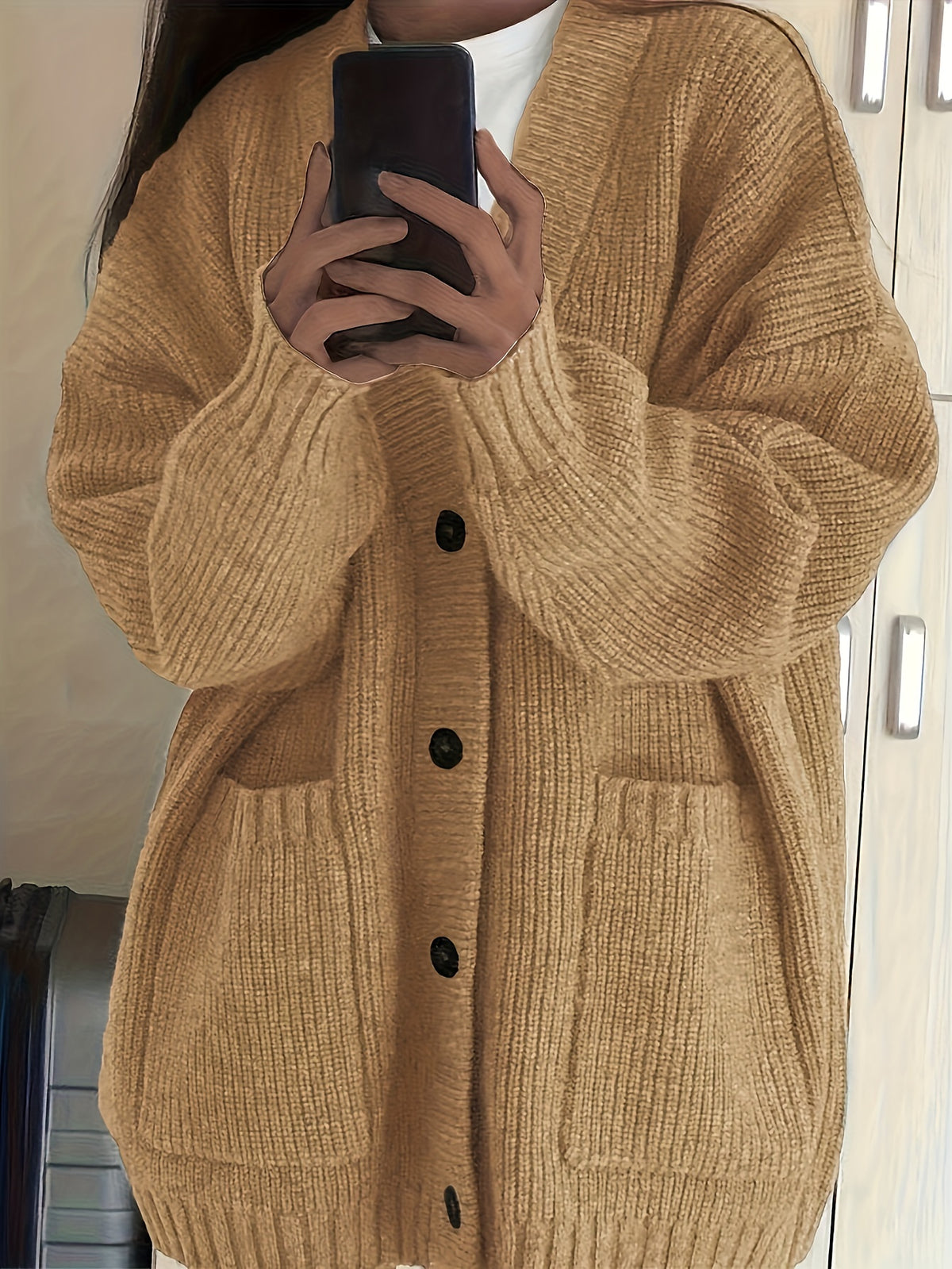 Women'S Autumn Winter New V-Neck Single Button Long Sleeve Solid Color Cardigan - ginger-colored