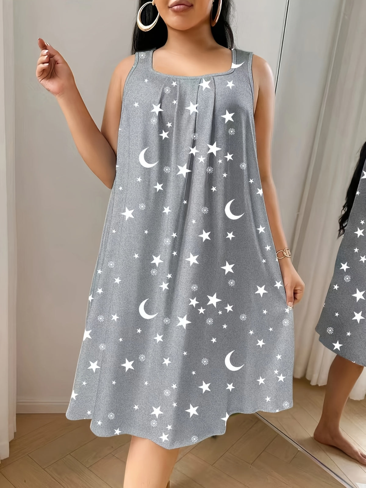 Women'S Plus Size Sleeveless Vest Dress with Star And Moon All-Over Print, Spring Summer Style, Very Comfortable Home Wear - Flecking Gray