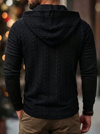 ROYALBOY Textured Jacquard Fabric Contrast Color Pleated Ribbed Sleeves Drawstring Design Fashionable Outdoor Casual Hooded Sportswear Top, Autumn Menswear - Black