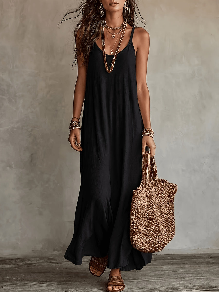 Women'S Spaghetti Strap Maxi Dress, V-Neck Loose Flowing Long Dress, Bohemian Casual Beach Vacation Summer Beach Dress - Black