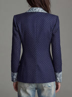 Women'S New Style Temperament Polka Dot Printed Sleeve And Collar Patchwork Floral Fashion Commuter Waist-Cinching Suit Jacket with Lining And Pockets - Deep Blue