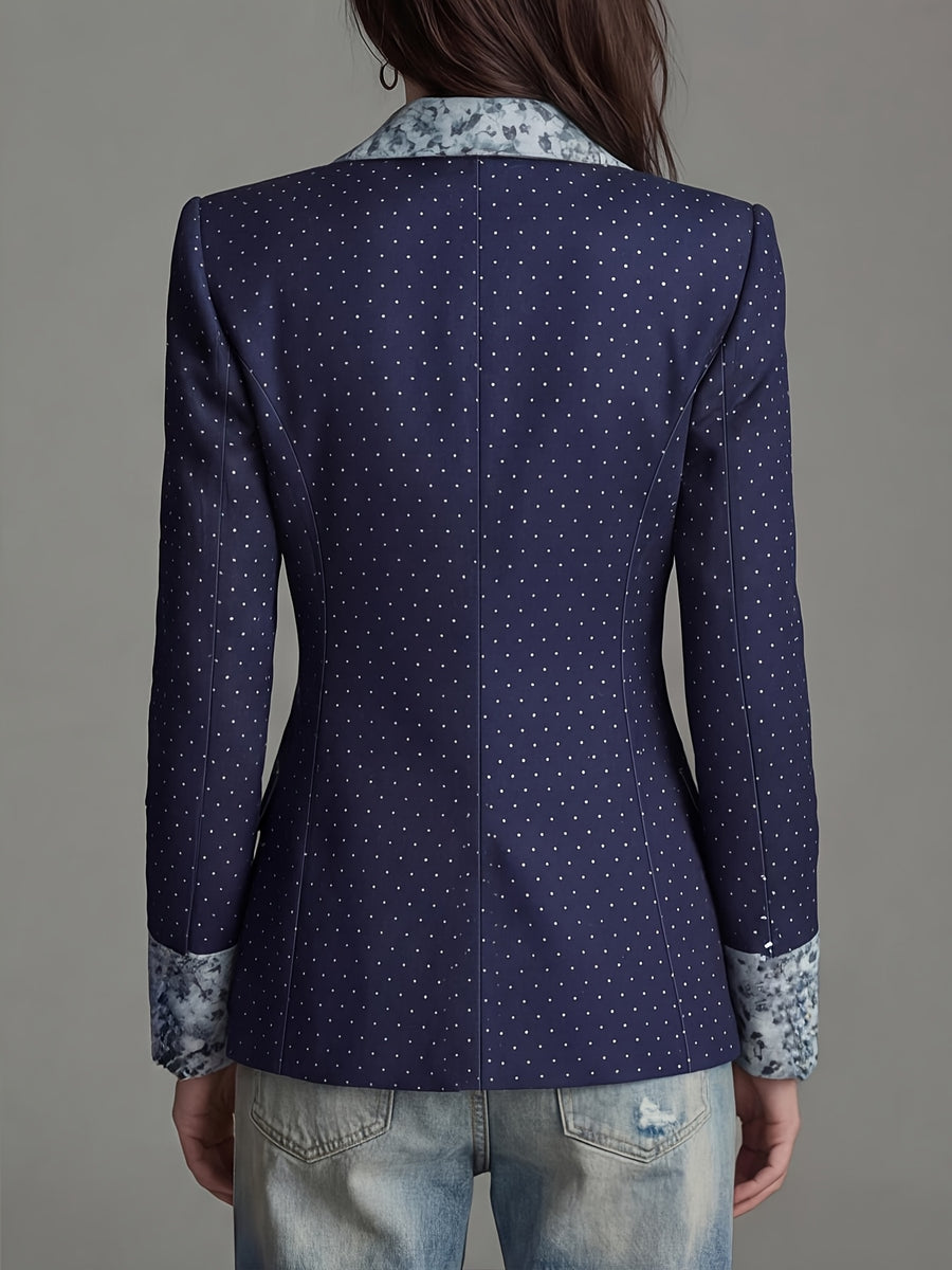 Women'S New Style Temperament Polka Dot Printed Sleeve And Collar Patchwork Floral Fashion Commuter Waist-Cinching Suit Jacket with Lining And Pockets - Deep Blue
