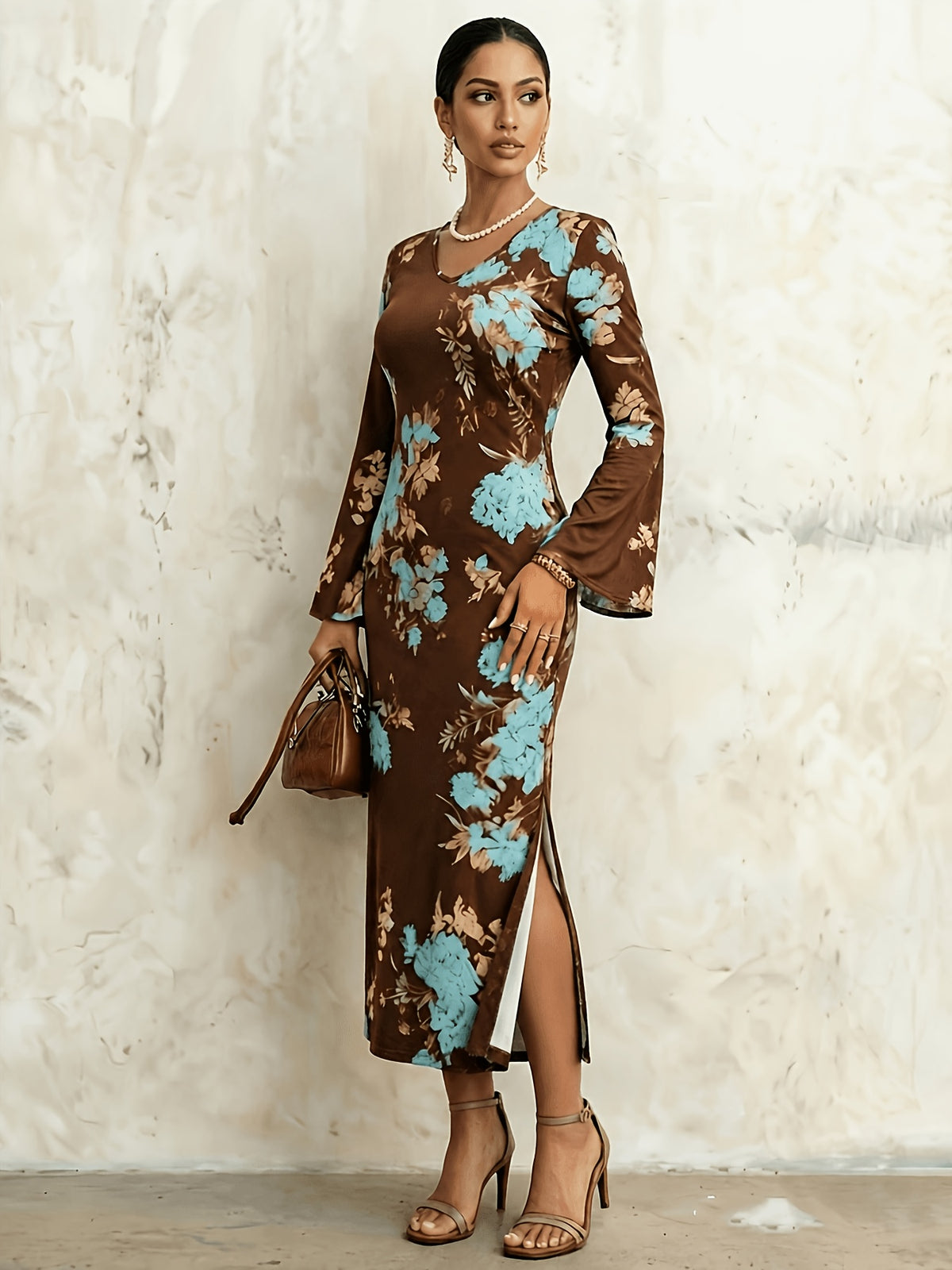 Women's V Neck Flare Long Sleeve Floral Print Midi Dress, High Waist Side Split Slim Bodycon Dress, Vintage Elegant Dress for Wedding Guest Office Vacation Daily Outfit - Coffee Brown