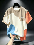 Printed Design - Non-Textured Men's Casual Crew Neck T-Shirt, Geometric Pattern Patchwork Stripe Design, Chicago Word "Chicago" Graphic, Draping Fashion Top, All-Season Wear, Breathable Regular Fit for Daily and Formal Outfits - Crew Neck Casual Top - Mixed colors