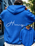 Men'S Hoodie, Casual Daily Wear, Signature Script Print, Pullover Sweatshirt, Streetwear Style, Autumn Winter Outdoor, Oversized Fit with Front Pocket - Royal Blue