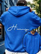 Men'S Hoodie, Casual Daily Wear, Signature Script Print, Pullover Sweatshirt, Streetwear Style, Autumn Winter Outdoor, Oversized Fit with Front Pocket - Royal Blue