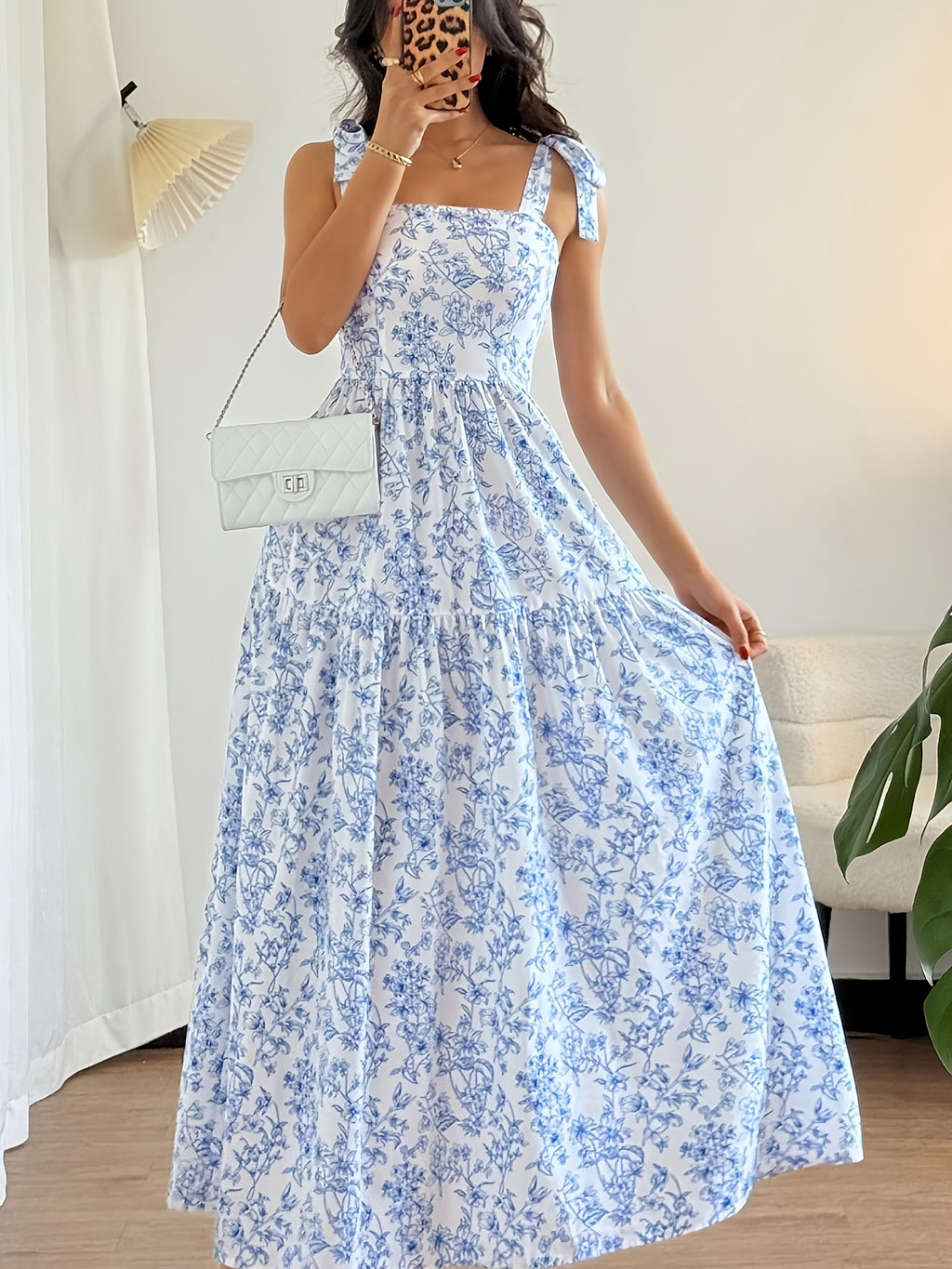 French-Style Elegant Floral Print Sleeveless Summer New Light Blue Vacation Dress 220 - Blue And White