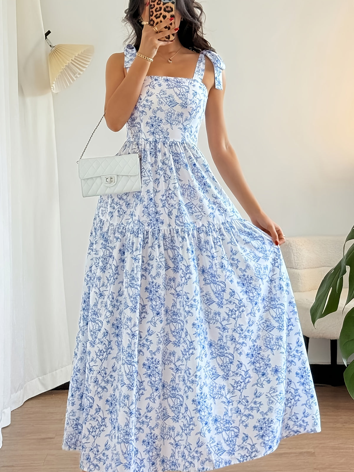 French-Style Elegant Floral Print Sleeveless Summer New Light Blue Vacation Dress 220 - Blue And White