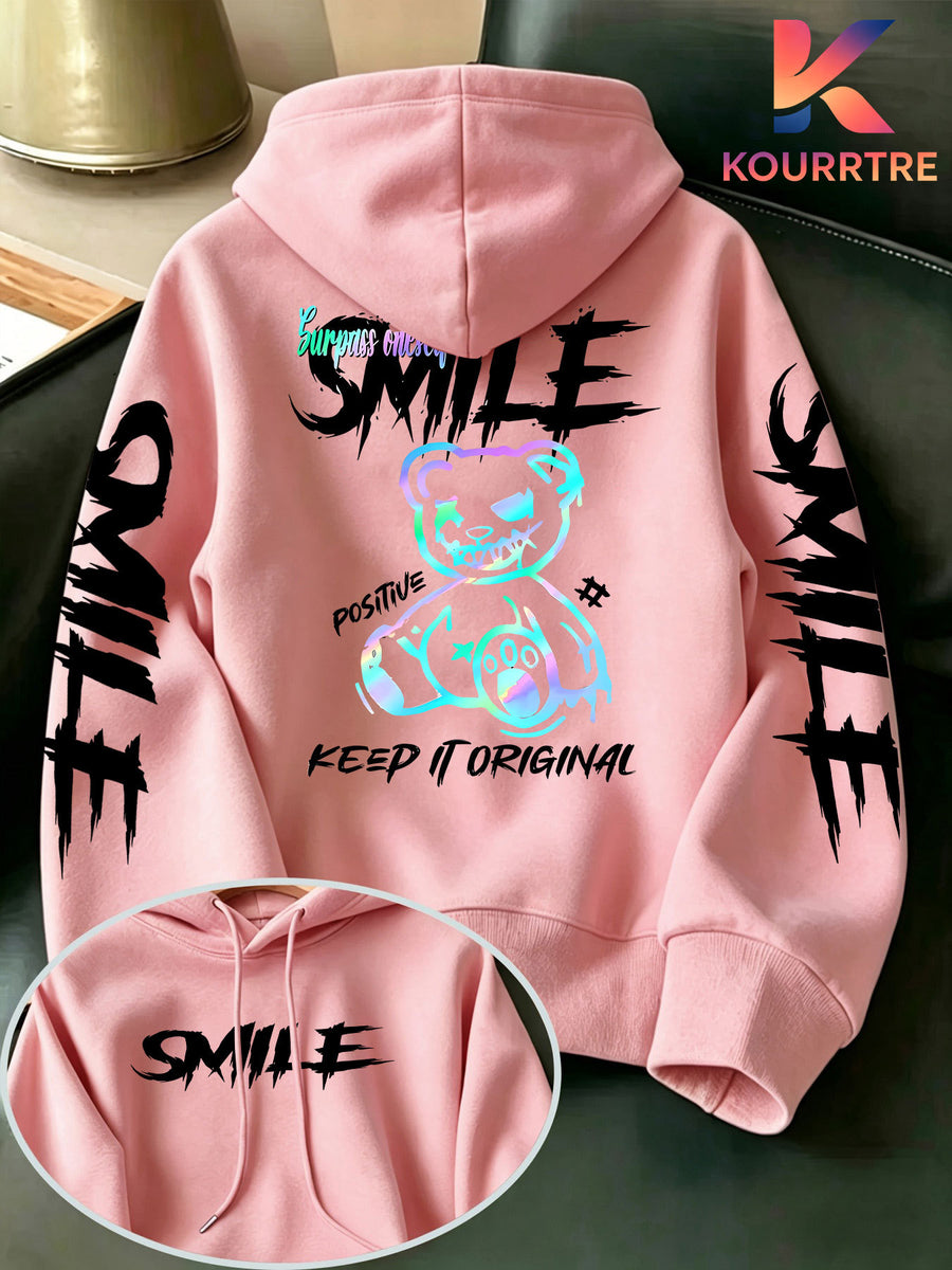 Men's Street-Style Cool Gradient Bear Symbol Hooded Sweatshirt, Featuring a Graffiti Bear Personality Print, Embodying American Street Fashion Culture, an Exclusive Item for Trendsetters! This Men's Hooded Sweatshirt Is Made from Selected - pink