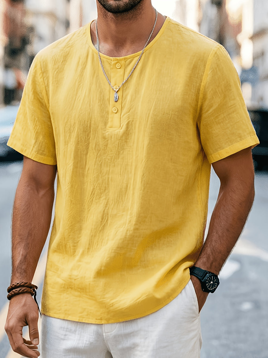 Men'S Summer -Linen Half-Zip Short Sleeve T-Shirt - Breathable Crew Neck Casual Top - Yellow