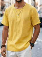Men'S Summer -Linen Half-Zip Short Sleeve T-Shirt - Breathable Crew Neck Casual Top - Yellow