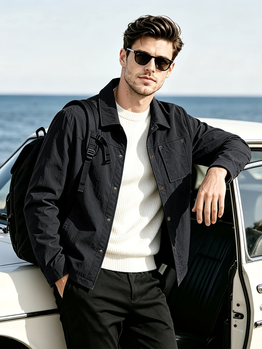 Back to School Season 1pc Men'S Lightweight Shirt Jacket, Button-Front with Chest Pocket And Double Side Pockets, Casual Techwear Style Spring Autumn Loose Fit Daily Commute Travel Outdoor Outerwear - Black