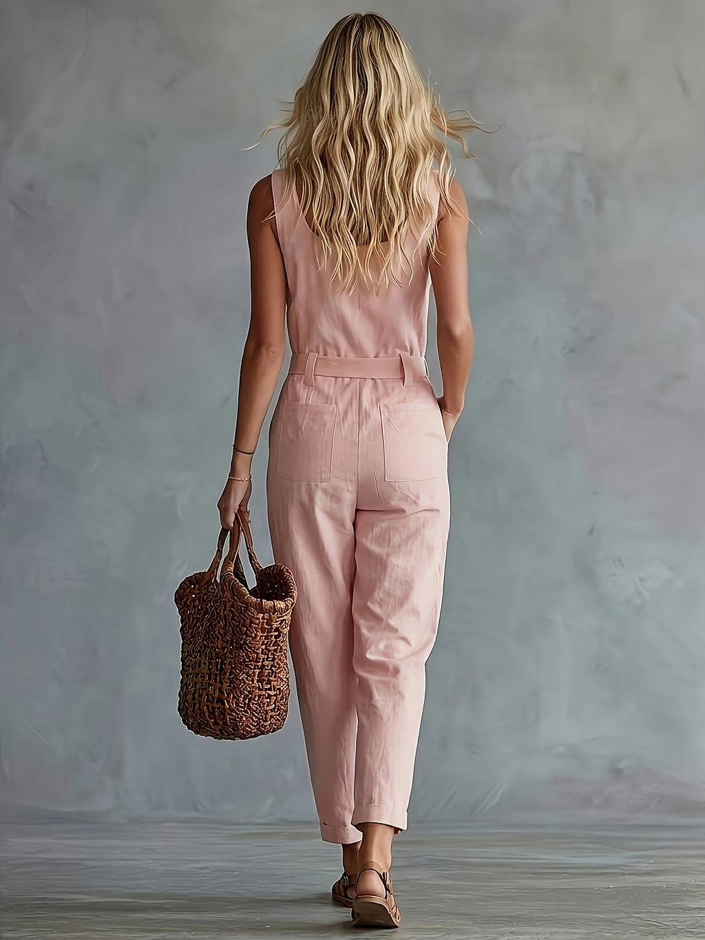 Women'S Retro Western Style Comfortable Loose Fit, Pocket Decor Sleeveless Jumpsuit, Suitable for Spring/Summer Outings And Parties, Easy Elegant Wear - Pink Color