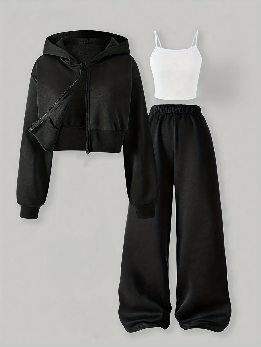 Directional Elegant Casual Hooded Jacket Women'S Pants 3pcs Set - Black