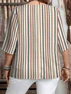 Women's Elegant Striped Print Shirt with Three-Button V-Neck Pullover, Spring/Summer Casual Loose Blouse Top - Apricot