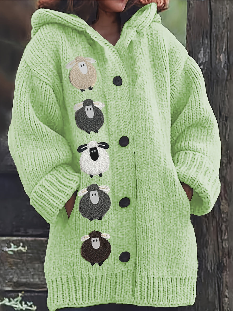 Winter Women's Elegant Hooded Oversized Outerwear Jacket, Multi-Color Little Lamb, Chunky, Soft, Thick, Beautiful, Stylish, Comfortable, Casual, Vintage, Commuting Cardigan, Gift - Light Green