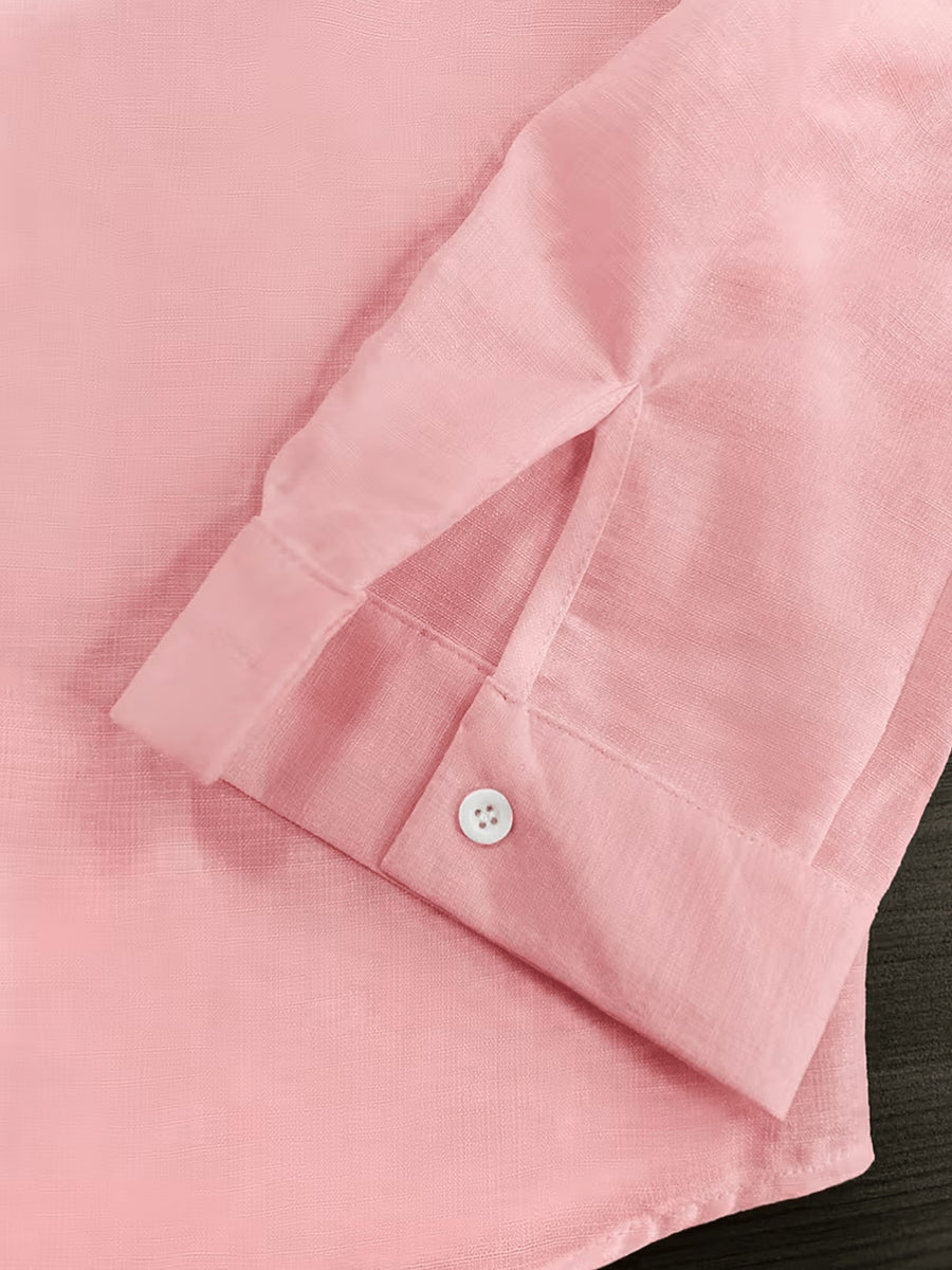 Men's New Faux Stand Collar Button-Up Shirt - Artistic, Understated, Stylish, Versatile, Relaxed Textured Trendy Loose Fit - Soft Daily Shirt Suitable for Formal and Casual Wear at the Beach, on Vacation, and in the Office - Machine Washable - pink