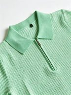Men's Polo Collar Short Sleeve Waffle Knit Top, Solid Color Lightweight Breathable Casual Pullover - Light Green