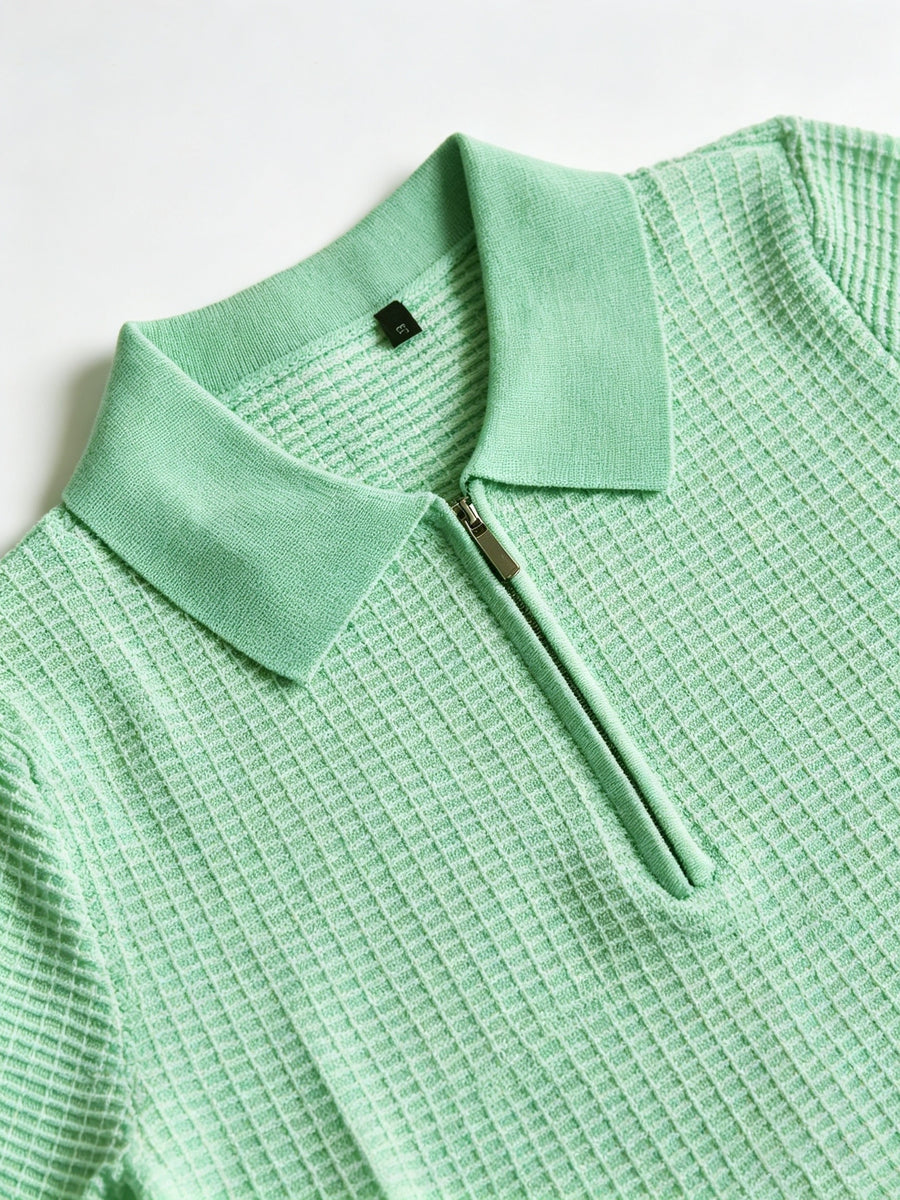 Men's Polo Collar Short Sleeve Waffle Knit Top, Solid Color Lightweight Breathable Casual Pullover - Light Green