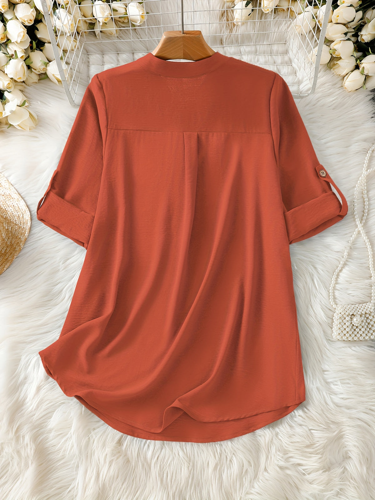 Elegant Women's Simple Casual Daily Short-Sleeve Solid Color Shirt, Spring/Summer Fashion Casual Outing Shirt, BK0608018 - Brick Red