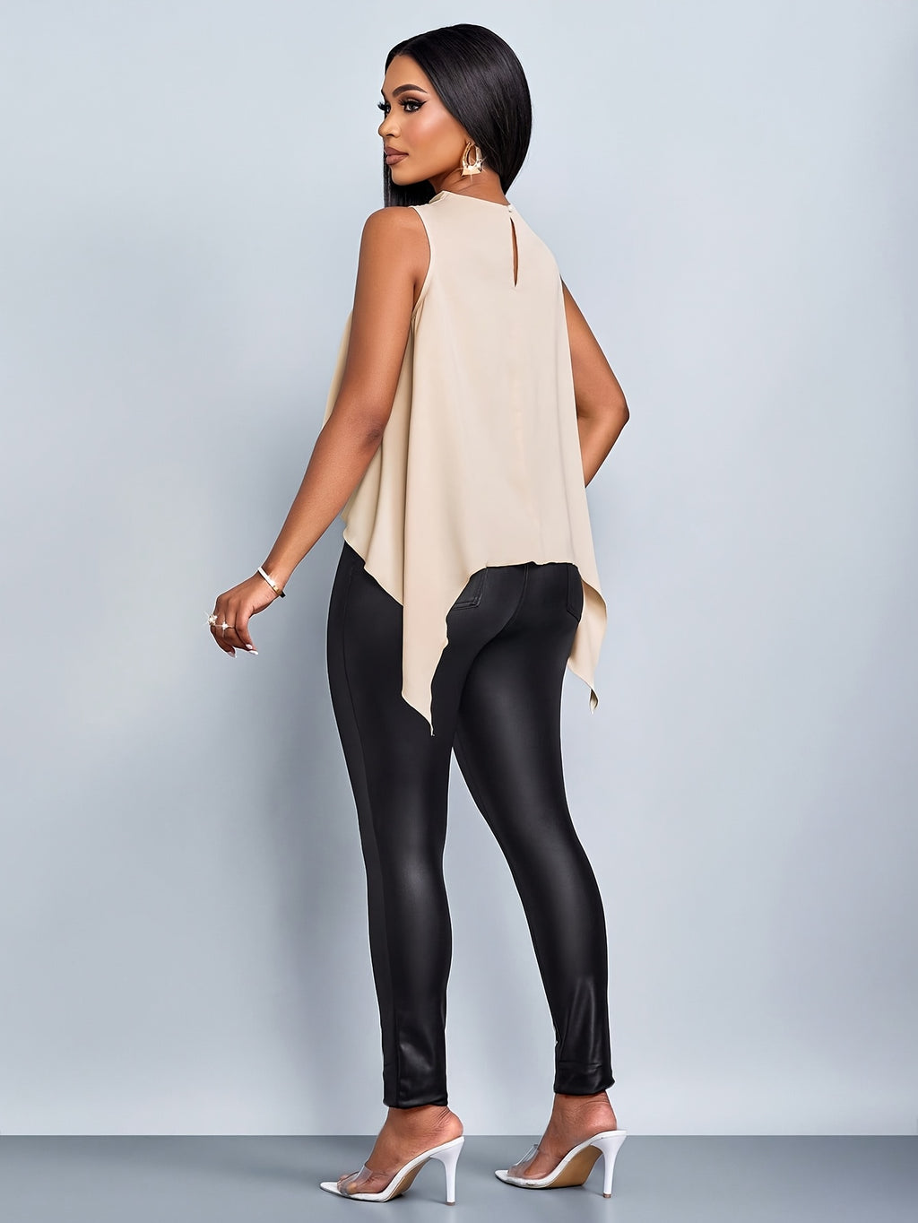 Ladies' Spring/Summer Vacation Solid Color Elegant Asymmetrical Hem Sleeveless Shirt - Apricot