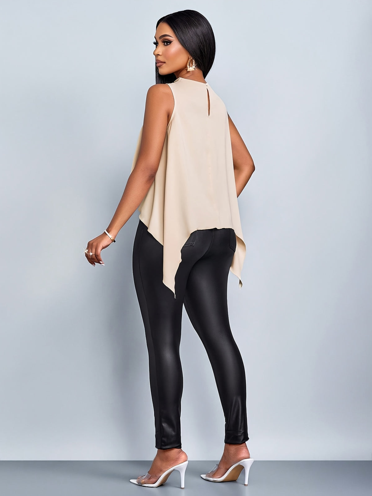 Ladies' Spring/Summer Vacation Solid Color Elegant Asymmetrical Hem Sleeveless Shirt - Apricot