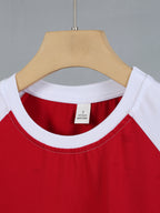 Women's T-shirt with a " Happy Black and White Puppy" Print, Contrast-color Sleeves, Breathable Summer Top, Machine-washable Versatile Clothing, Easy-care Printed Shirt, Fashionable Style with Lightweight Fabric - Light White+Red
