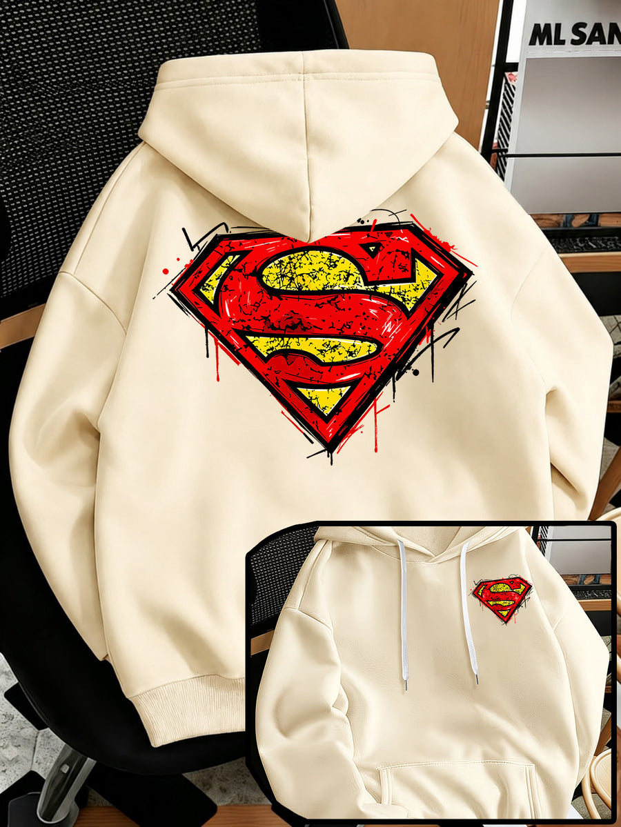 Men'S Fashion Sweatshirt, Retro Distressed Cracked Graffiti Superman Logo Print Design, Men'S Trendy Hoodie Loose Fit, Adjustable Drawstring, Fleece-Lined Sweatshirt Comfortable Fall Winter Wear, Outdoor Sports Casual Trendy Clothing - Apricot