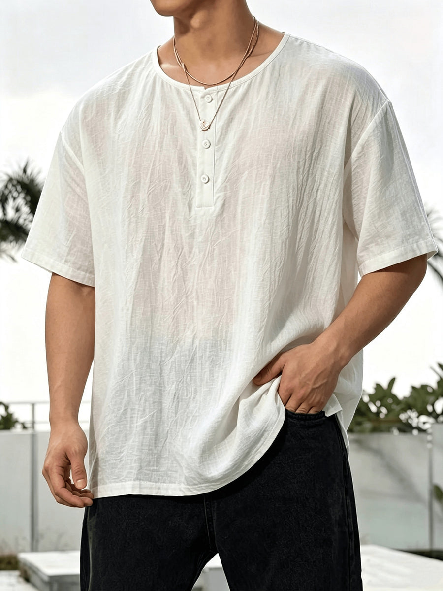 2pcs Men'S Linen Henley Shirt Set, Short Sleeve And Long Sleeve 2pcs Combination, Loose Breathable Vacation Style Casual Top - White