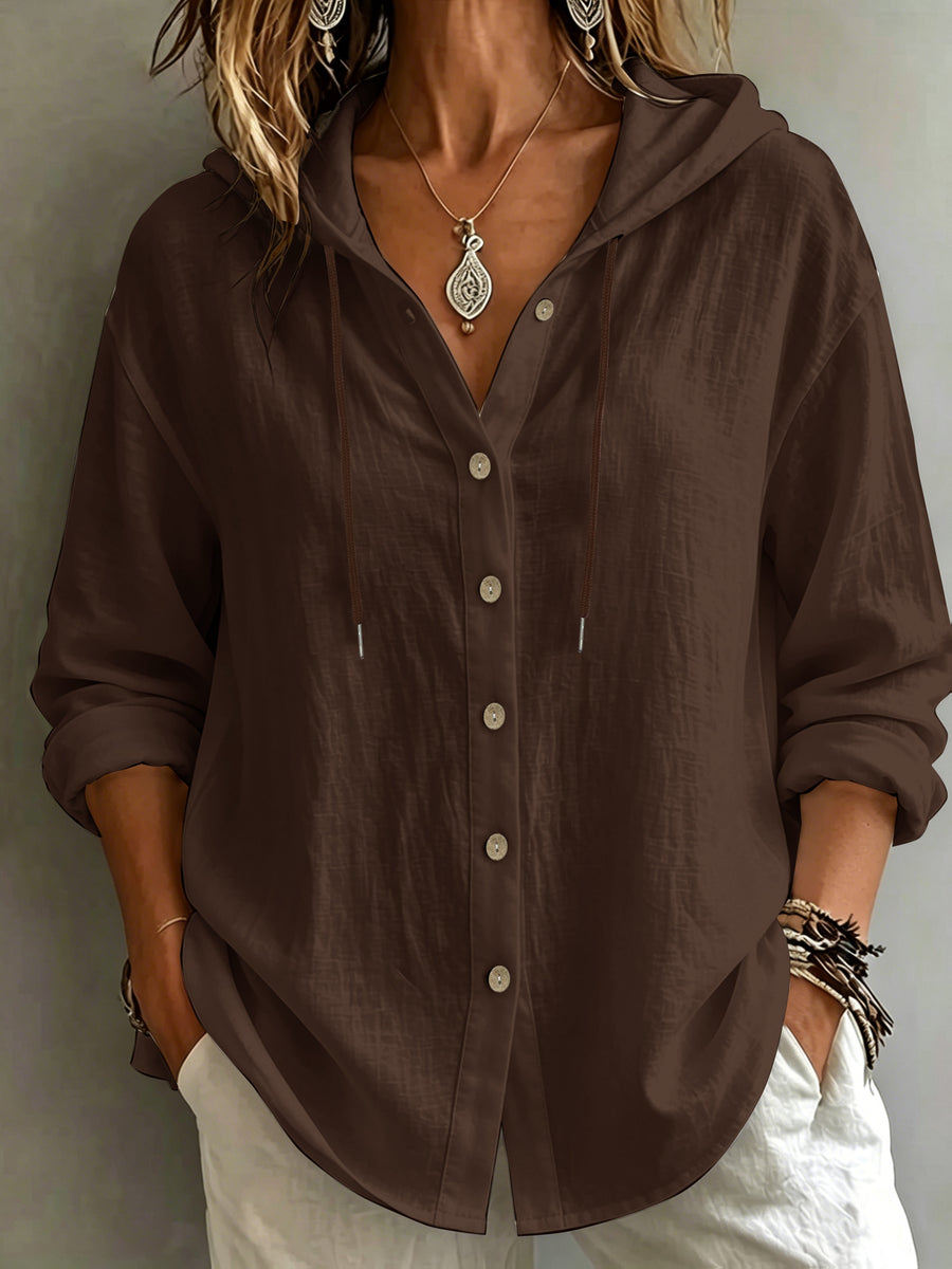 Women's Casual Solid Color Pure Single-Breasted Drawstring Hooded Long-Sleeve Shirt, Loose and Comfortable for Daily Wear, Gatherings, and Office - Coffee Color