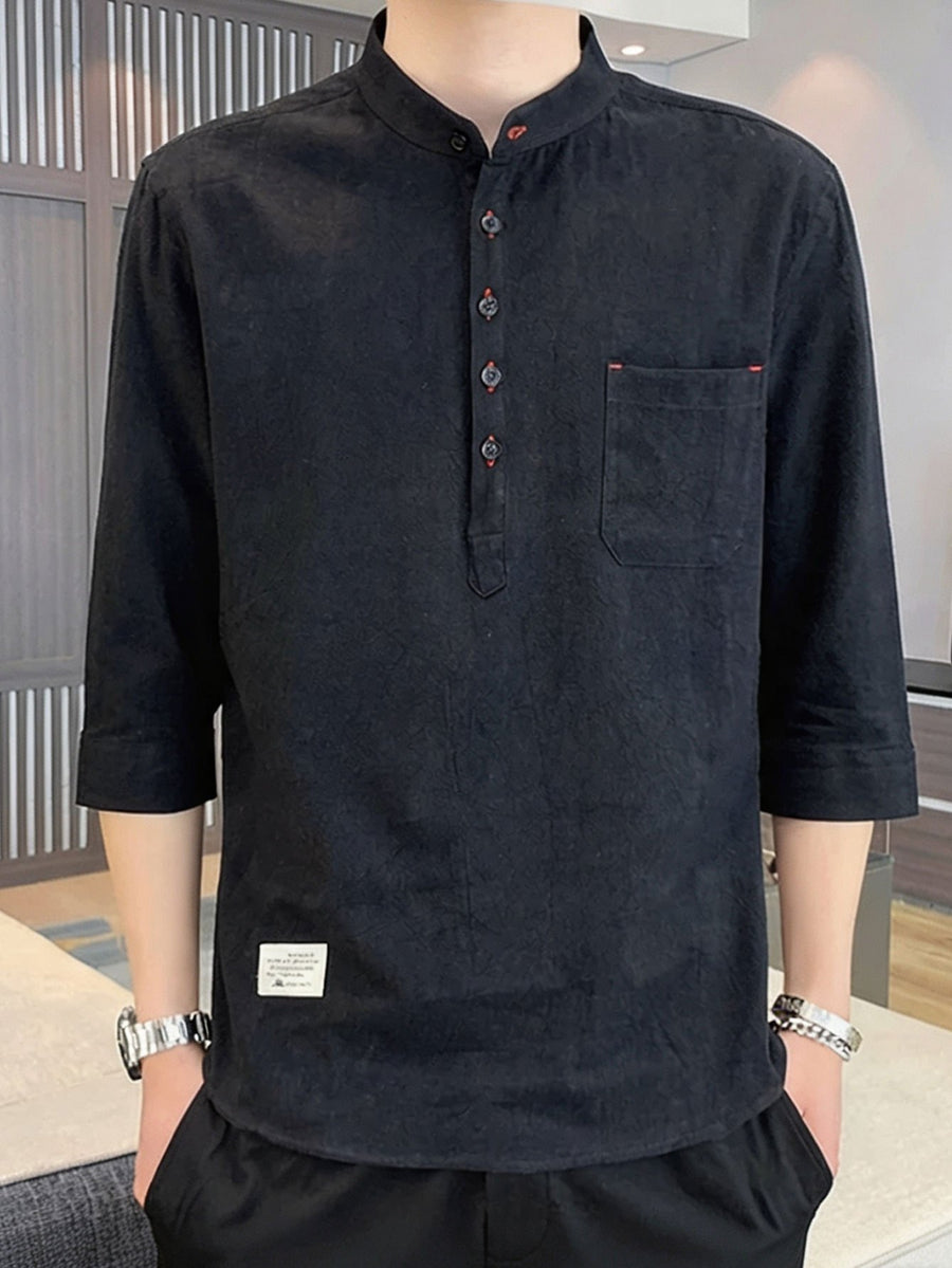 Vintage Henley Collar Half-Button Short Sleeve Shirt with Open Front Design, Side Pocket Detail, Suitable for Daily Commute, Outings, And Casual Business Wear, Easy Solid Color Pullover Casual Shirt. Thin Breathable Casual 3/4 Sleeve Top - Black